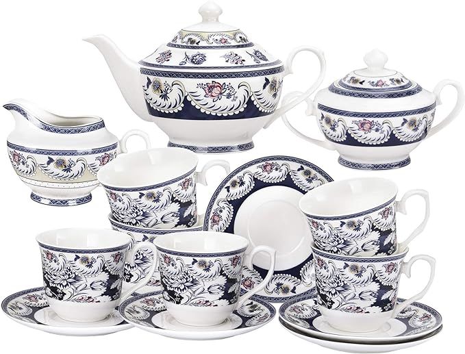 fanquare 15 Piece Blue Vintage Porcelain Tea Set for 6, Tea Party Set for Women, Floral Coffee Se... | Amazon (US)