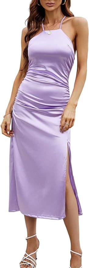 LYANER Women's Satin Silky Halter Neck Backless Split Slit Hem Cocktail Midi Dress | Amazon (US)
