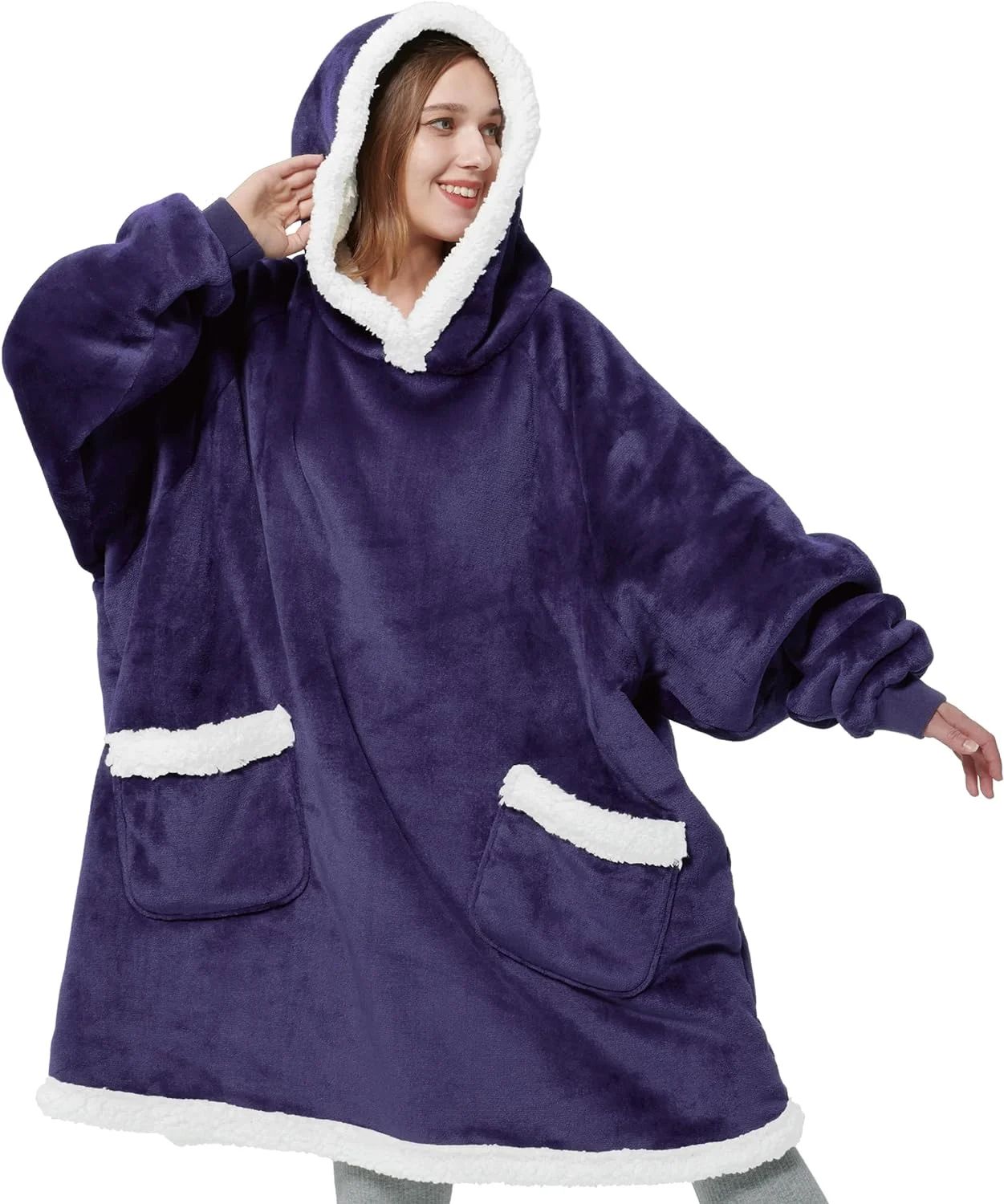 Bedsure Warm & Fashionable Wearable Blanket Hoodie, Giant Pocket Sherpa Fleece Hooded Blanket for... | Walmart (US)