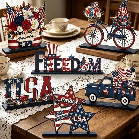 Eolstice 6 Pcs 4th of July Wooden Table Decor, Patriotic Wood Sign Tabletop Centerpiece, Rustic W... | Walmart (US)