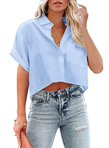 LAYOGAS Cropped Button Down Shirts for Women Solid Short Sleeve Lapel Crop Tops Blouse with Chest Pocket | Amazon (US)