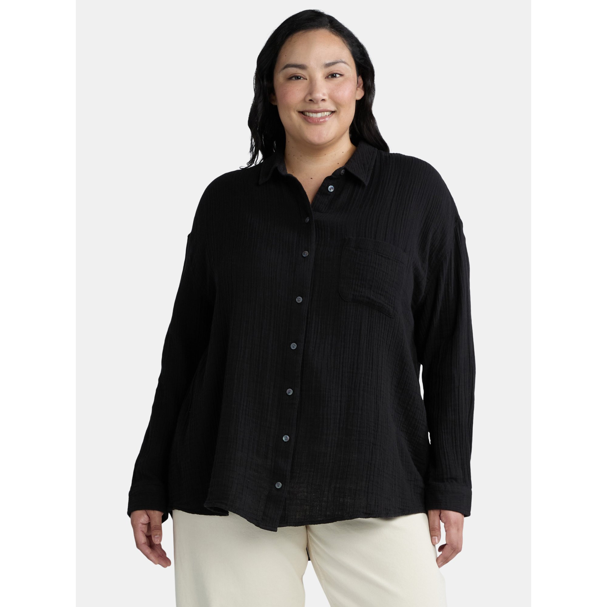 Time and Tru Women's and Women’s Plus Double Cloth Shirt, Sizes S-4X - Walmart.com | Walmart (US)