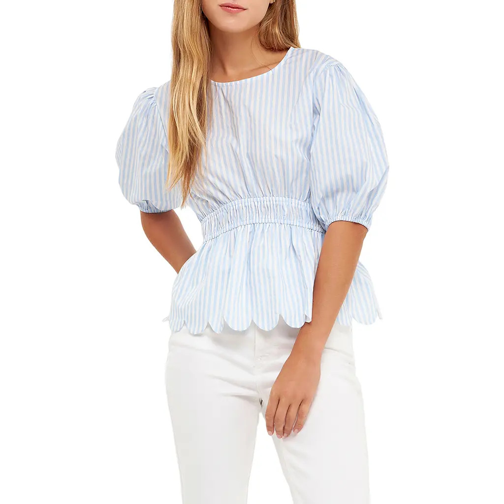 English Factory Stripe Puff Sleeve Peplum Top in Blue Stripes at Nordstrom, Size X-Small | Nordstrom