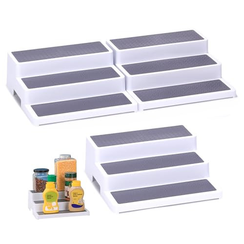 3-Tier Spice Rack, Plastic Spice Rack Organizer for Cabinet, Non-Skid Spice Shelf Organizer for Kitchen Cabinet, Countertop or Pantry, 3 Pack, White/Grey | Amazon (US)