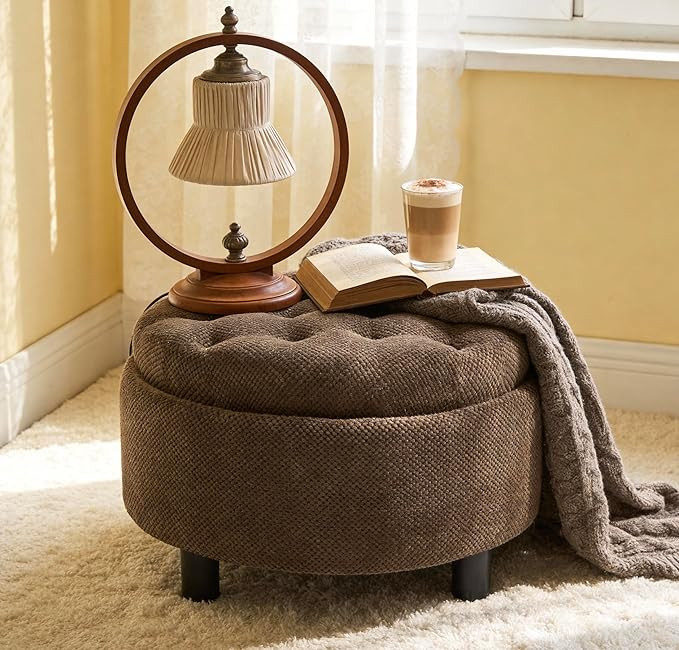 KEIKI 25" Round Storage Ottoman Coffee Table with Removable Tray Top, Upholstered Tufted Fabric O... | Amazon (US)