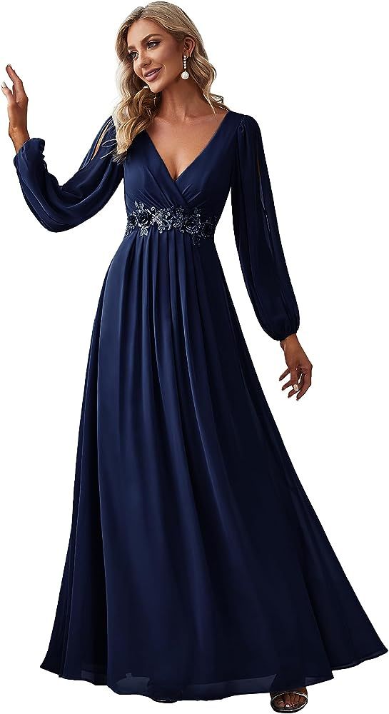 Ever-Pretty Women's Elegant V-Neck Long Sleeve A-line Chiffon Floor Length Mother of The Bride Dr... | Amazon (US)