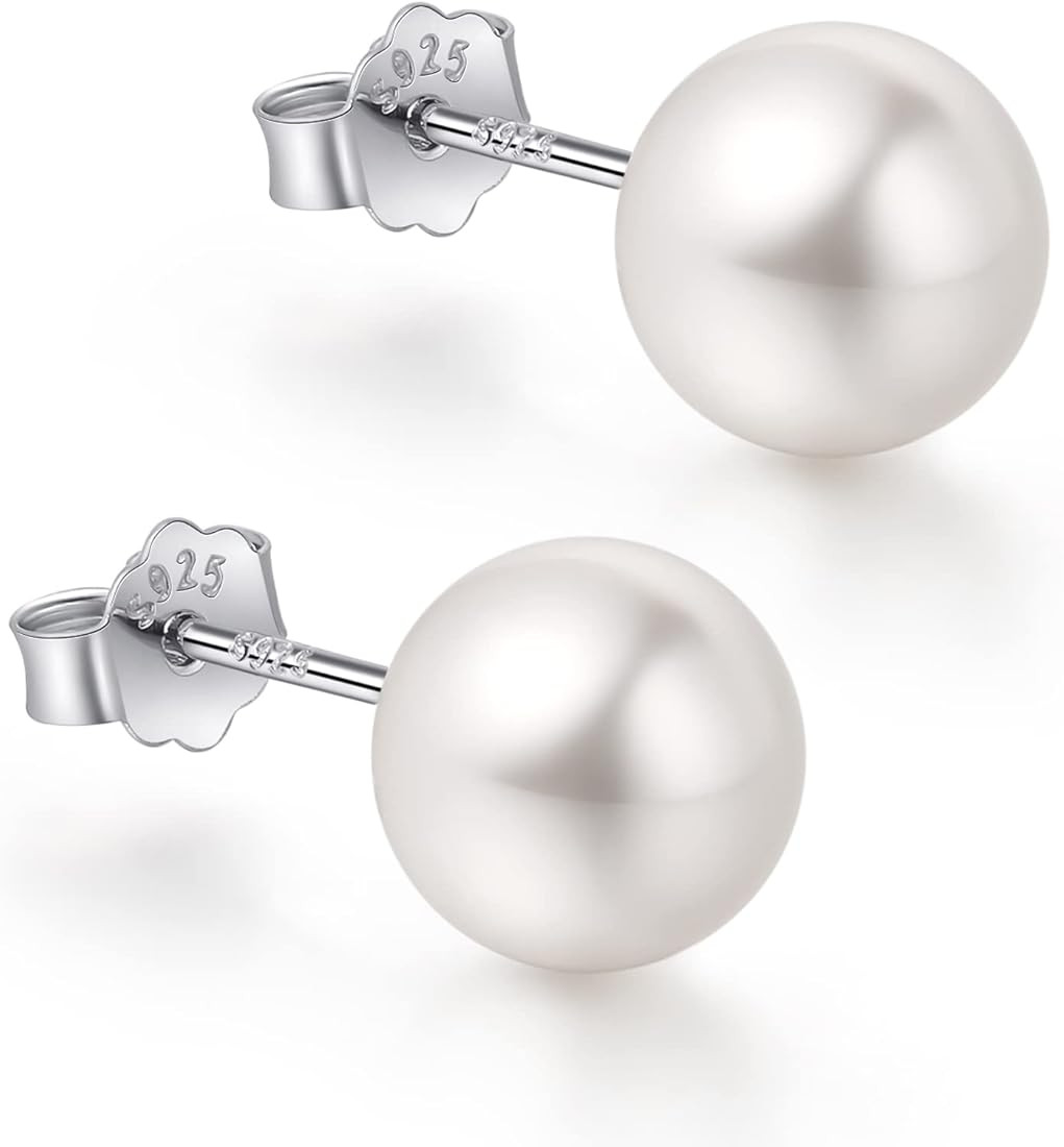 18K White Gold Plated Sterling Silver Post Faux Pearl Stud Earrings for Women Girls, White Pearl ... | Amazon (US)