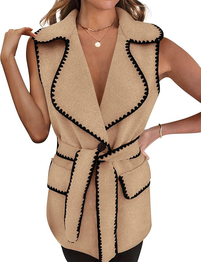 PRETTYGARDEN Women's 2025 Tweed Vest Jackets Sleeveless Lapel Button Front Belt Color Block Winte... | Amazon (US)