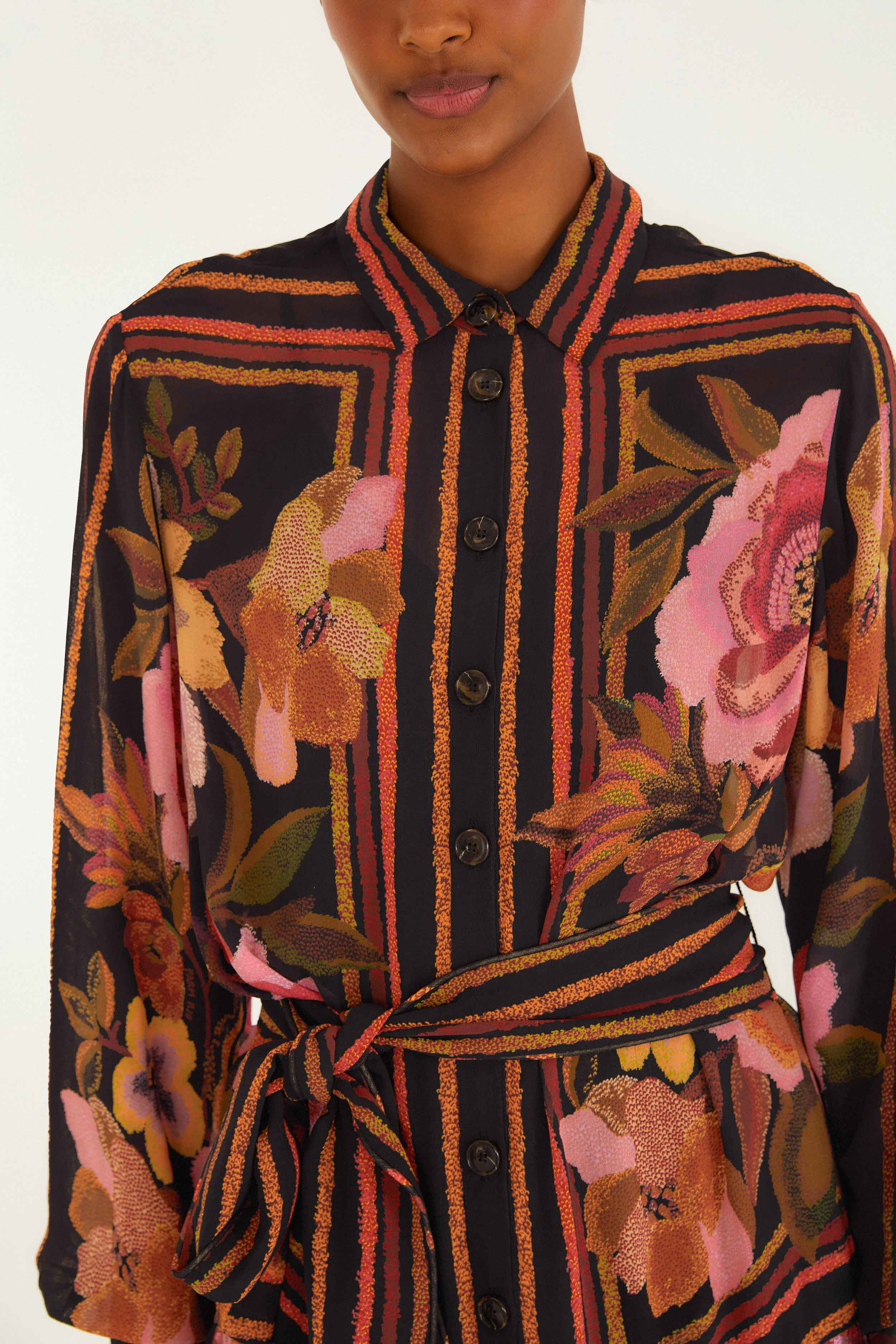 Black Chenille Flowers Belted Long Sleeve Mini Dress | FARM Rio | FarmRio (US)