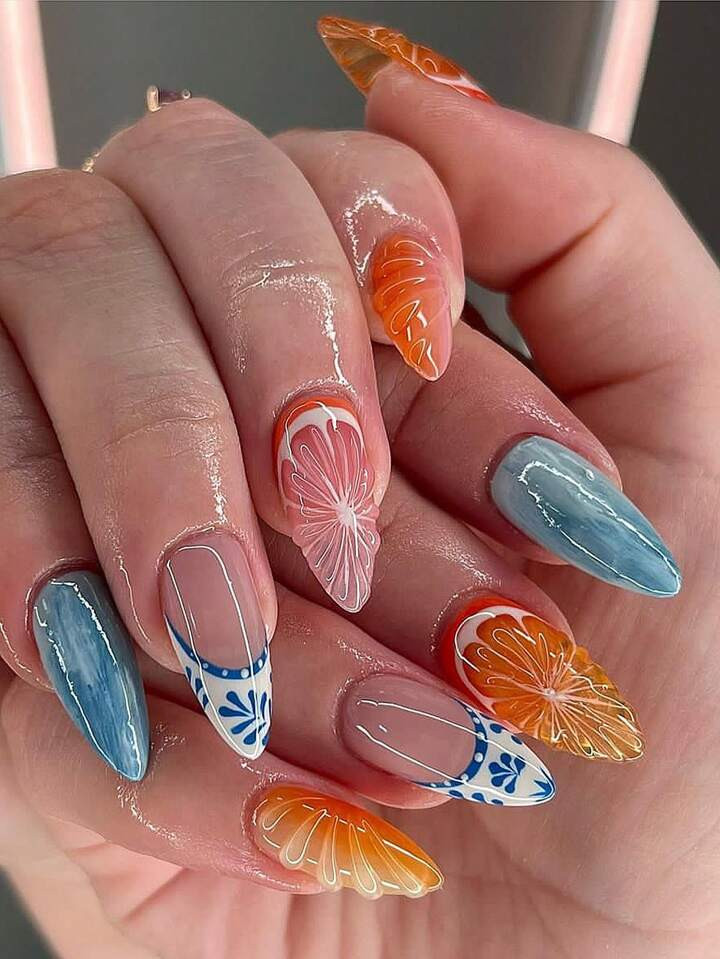 24pcs Y2K Pink French Tip Press On Nails,Almond Fake Nails With 3D Relief Colorful Orange Sunny A... | SHEIN