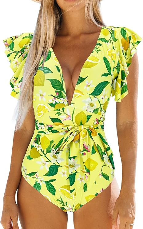 Binlowis Deep V Neck Flounce One Piece Swimsuit Ladies Floral Print Plunging Beachwear Bathing Su... | Amazon (US)