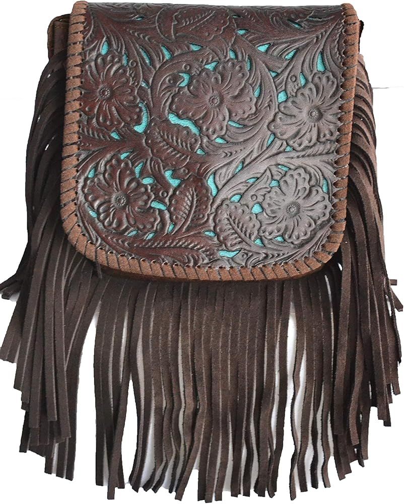 western floral tooled 100% leather fringe cross body purse | Amazon (US)