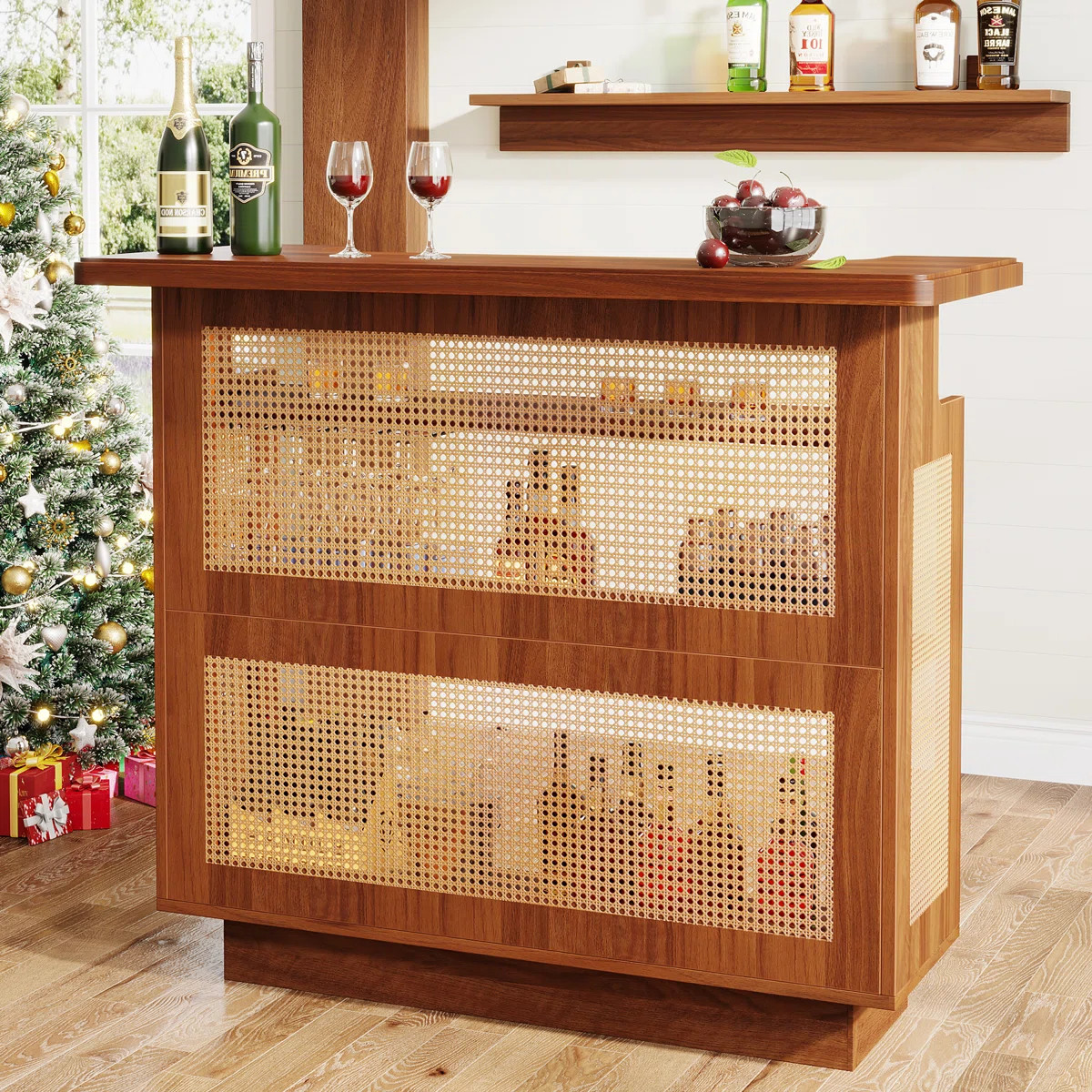 Bay Isle Home™ Farmhouse 4-Tier Home Bar Unit, Liquor Bar Table Cabinet, Rattan Brown | Wayfair | Wayfair North America