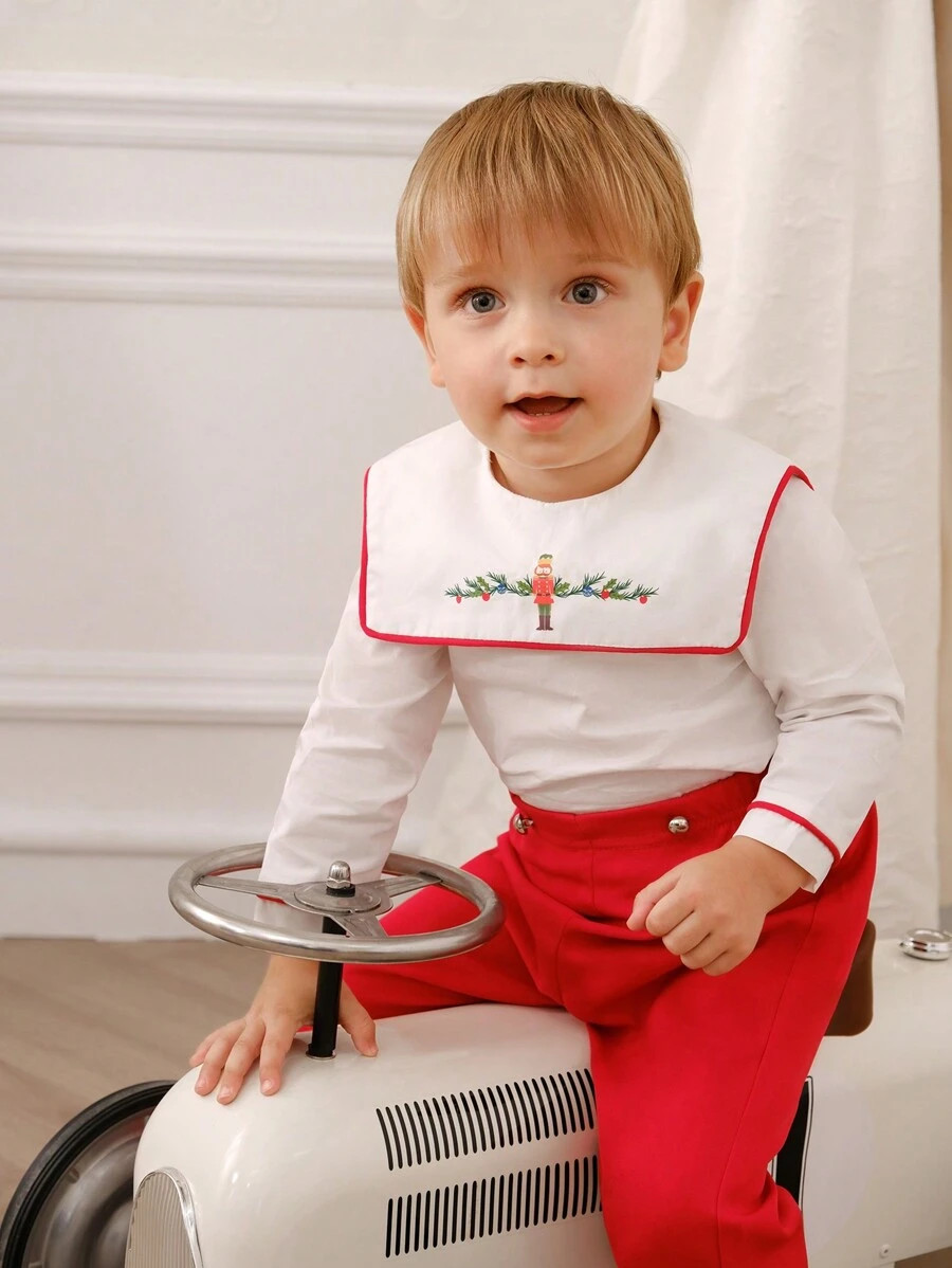 Souflis 2pcs Baby Boys' French Retro Elegant Academy Style Navy Collared Shirt & Guard Patterned ... | SHEIN