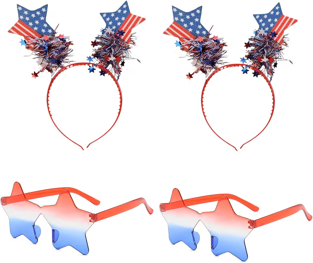 4th of July Headband, Star Sunglasses, Independence Day Accessories, Blue Red White Patriotic Rib... | Amazon (US)