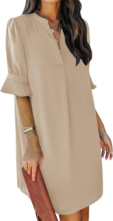 QACOHU Summer Dresses for Women V Neck Ruffle Short Sleeve Casual Shift Dress | Amazon (US)