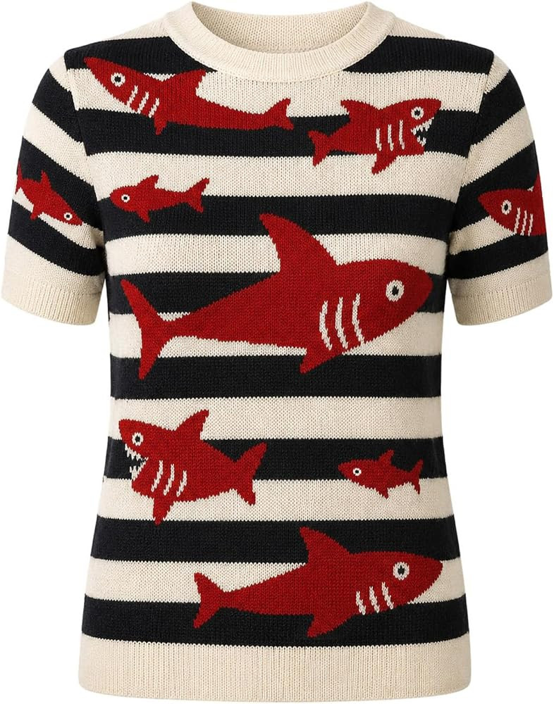 OXKNIT Women's Knit Short Sleeve T-Shirt Retro Beige Black Stripes and Cute Red Fish Pattern Crew... | Amazon (US)