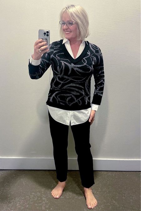 Chicos has 25% off many of their items today, I loved this beautiful sweater with a metallic knit ribbon across the front. The white shirt is actually attached, which makes it a one and done layered look. I paired it with the Juliet side vent pants that come in three colors and regular and tall lengths.

#Chicos #ChicosFashion #ChicosHolidayFashion #HolidayOutfit #HolidayFashion #Fashion #Fashionover50 #Fashionover60 #HolidaySweater 

#LTKstyletip #LTKSeasonal #LTKHoliday