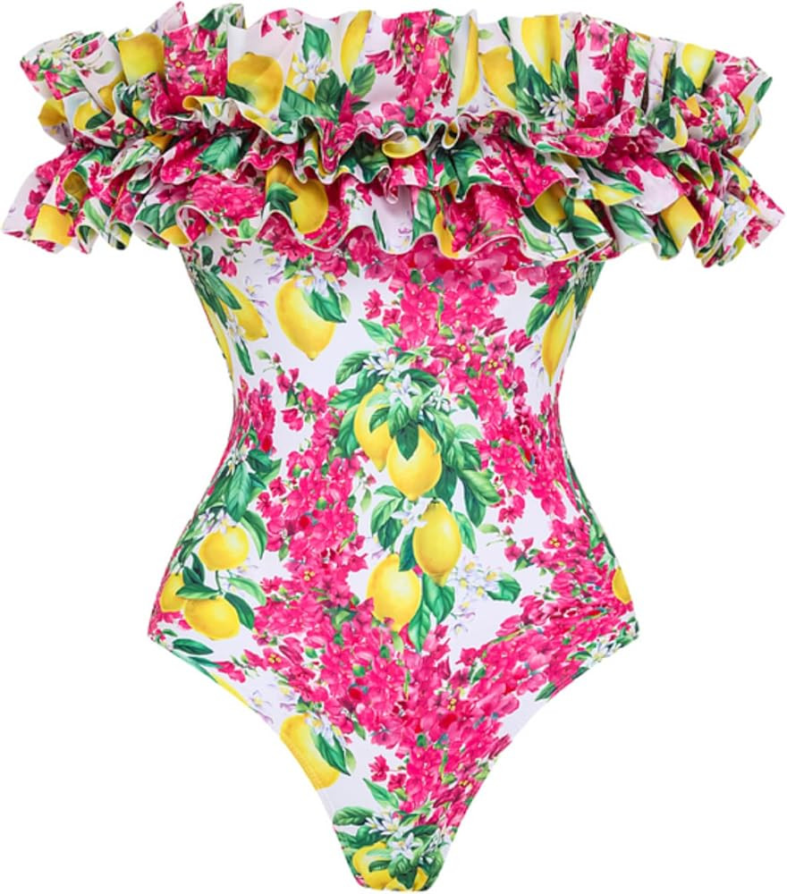FLAXMAKER Detachable Strap Ruffles Lemon Print One Piece Swimsuit and Sarong | Amazon (US)