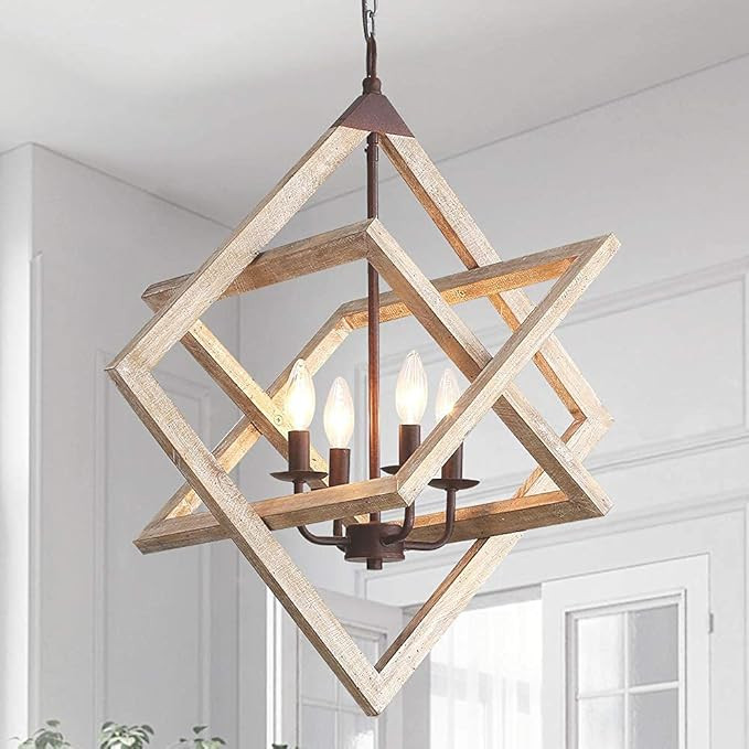Wooden Farmhouse Chandelier Ceiling Pendant Light 4 Candle Holder Lights Vintage Industrial Rusti... | Amazon (US)