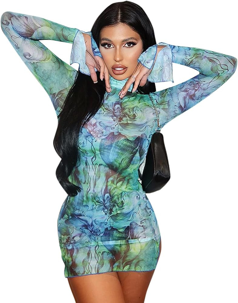 Amazon.com: Women’s Floral Tie Dye Sheer Mesh Mini Dress Sexy Mock Neck Split Bodycon Flared Lo... | Amazon (US)