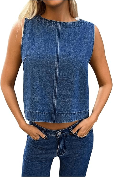 MakeMeChic Women's Round Neck Sleeveless Denim Vest Zipper Back Loose Fit Crop Top | Amazon (US)