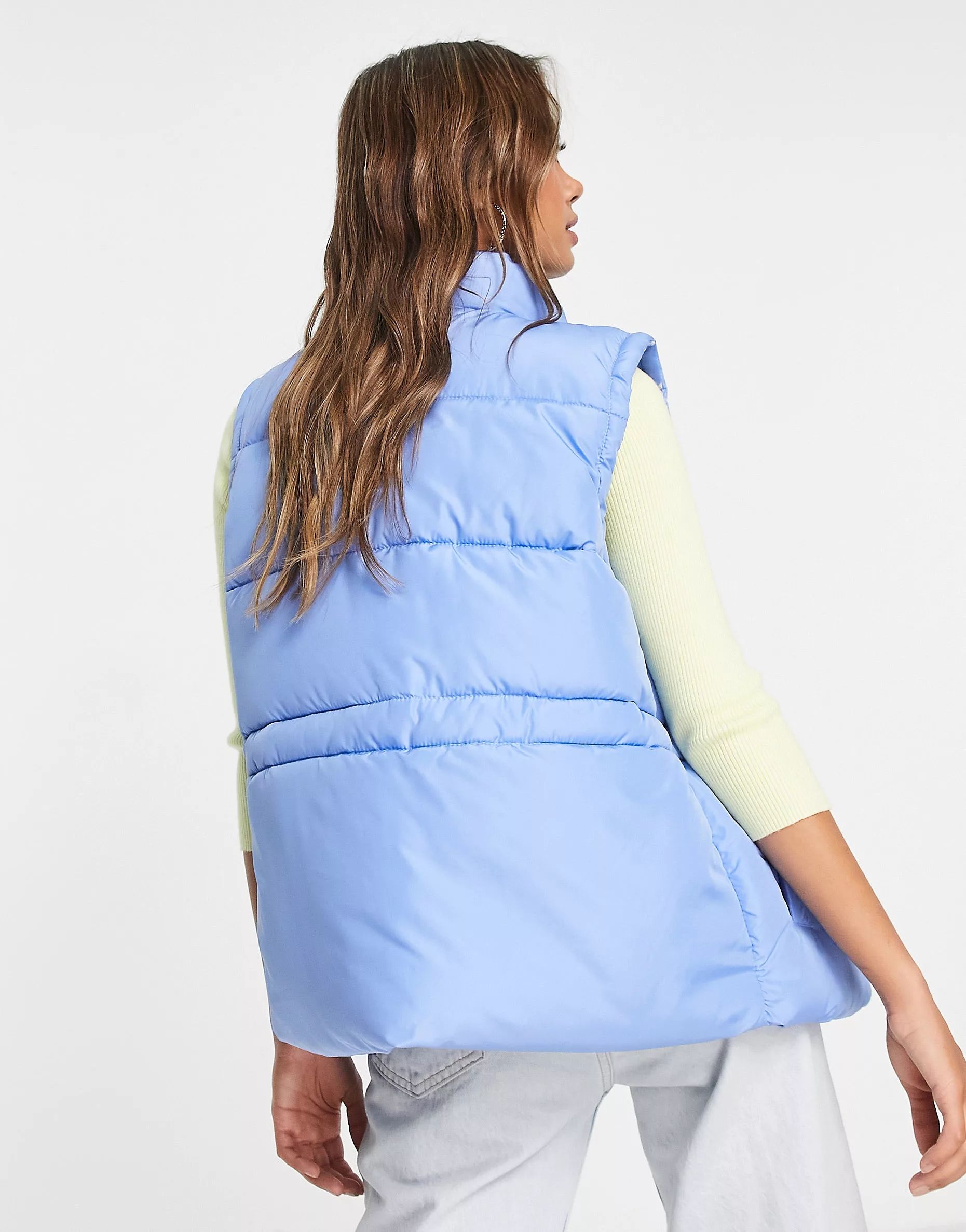Miss Selfridge sleeveless waisted longer line puffer vest in cornflour blue | ASOS (Global)