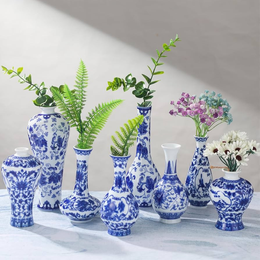 Hushee Set of 8 Small Blue and White Chinoiserie Vase Vintage Blue Ceramic Flower Vase Chinoiseri... | Amazon (US)