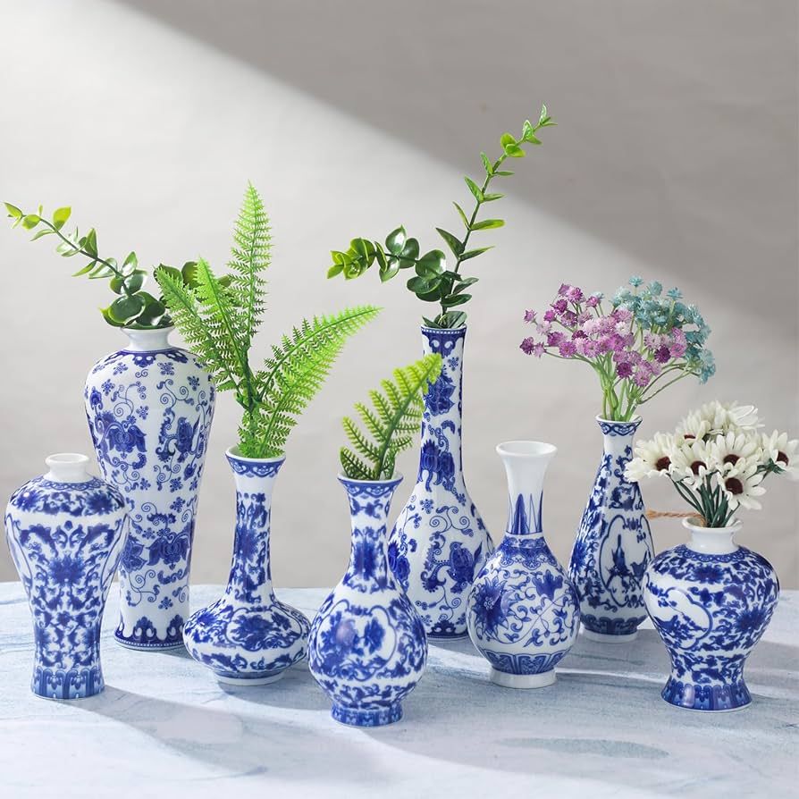 Hushee Set of 8 Chinoiserie Vase Blue and White Porcelain Vases Small Vintage Ceramic Bud Vase De... | Amazon (US)