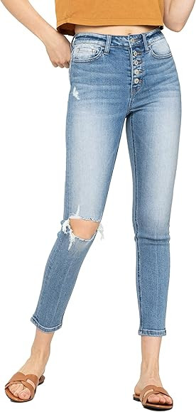 VERVET by Flying Monkey High Rise Button Up Distressed Front Crease Line Ankle Skinny Jeans | Amazon (US)
