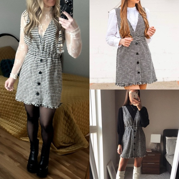 Zara Tweed Button Front Pinafore Mini Dress Sleeveless Black White blogger fave | Poshmark