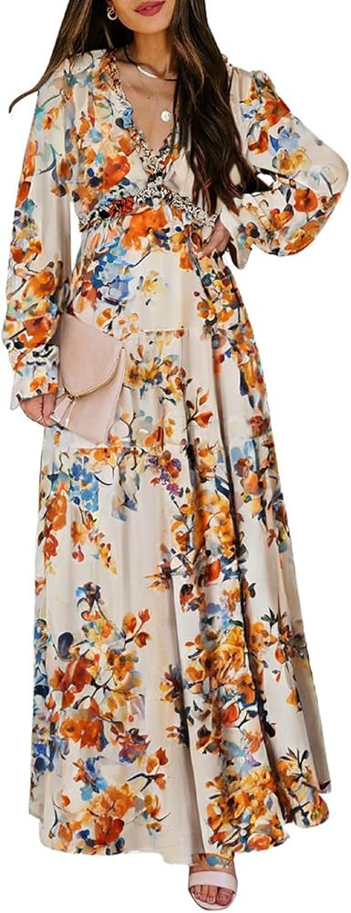 BLENCOT Womens Casual Boho Deep V Neck Short Sleeve Long Dress | Amazon (US)