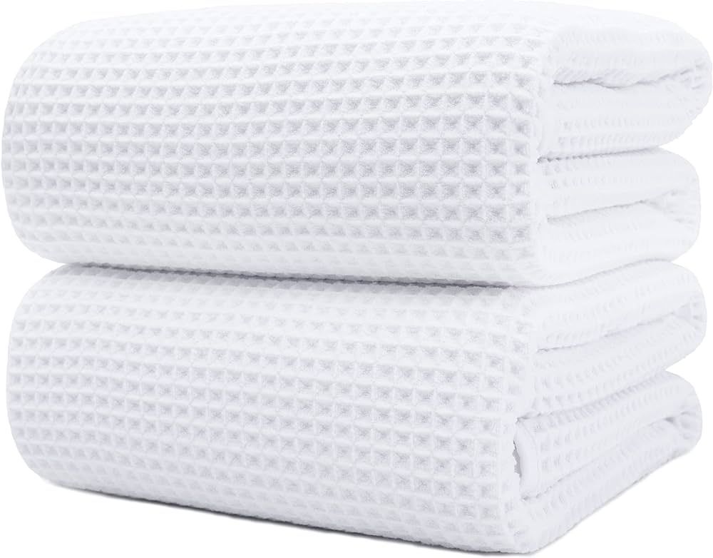 POLYTE Microfiber Quick Dry Lint Free Bath Sheet, 70 x 35 in, Set of 2 (White, Waffle Weave) | Amazon (US)