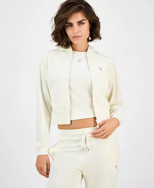 GUESS Women's Couture Cropped Velour Hoodie - Macy's | Macy's