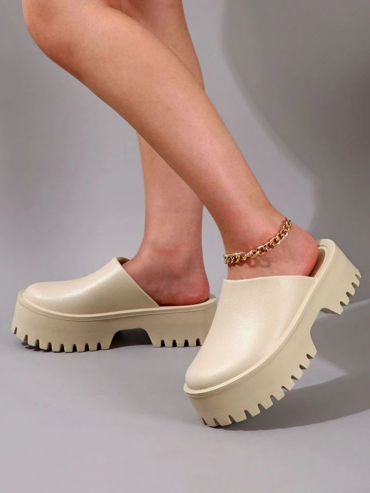 Chunky Heels Elevated Flip Flops, Beige Peep-toe Bandage Sandals With Waterproof Platform For Wom... | SHEIN