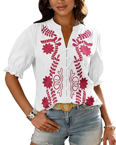 BTFBM Women's 2026 Spring Tops Casual Floral Boho V Neck Puff Short Sleeve Button Down Shirts Embroidered Blouses Tunic(Floral White Rose Red, Medium) | Amazon (US)