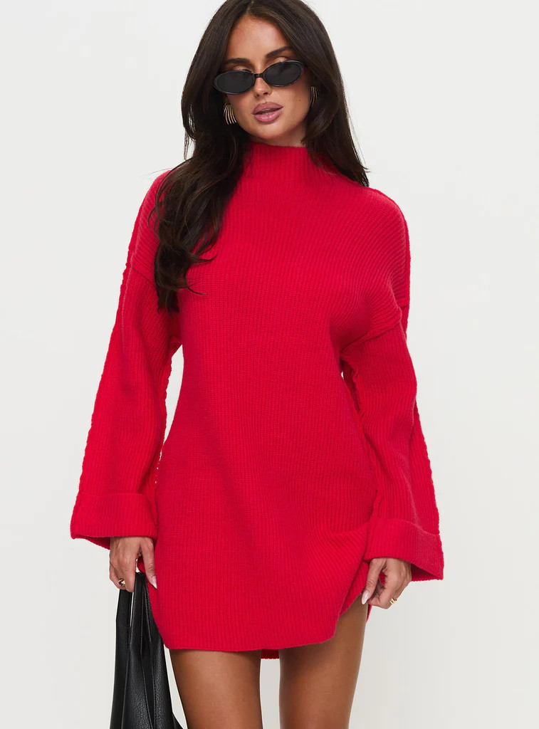 Weslie Long Sleeve Knit Mini Dress Red | Princess Polly US