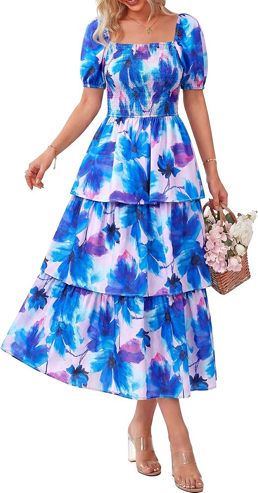 BTFBM Womens Square Neck Smocked Dress Summer Puff Short Sleeve Floral Casual Ruffle Tiered Maxi ... | Amazon (US)