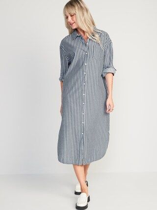 Long-Sleeve Striped Cotton-Poplin Midi Shirt Dress for Women | Old Navy (US)