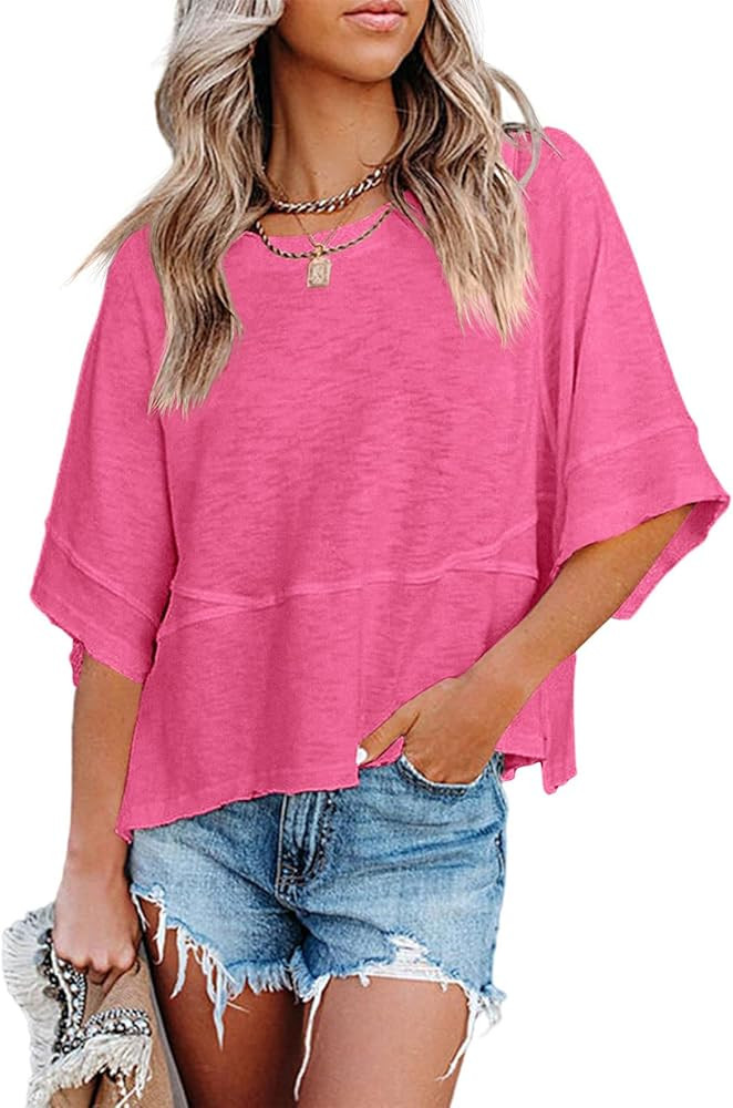 Women's Summer Casual Crewneck Batwing Half Sleeve T-Shirts Solid Color Loose Fit Cute Basic Flow... | Amazon (US)