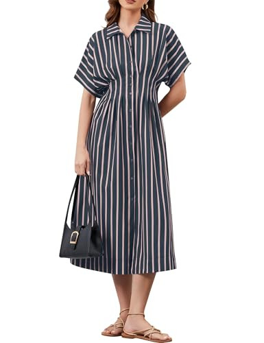 MSBESYOR Women Button Front Pleated Shirt Maxi Dress Summer Striped Prints Short Sleeve Collar Ca... | Amazon (US)