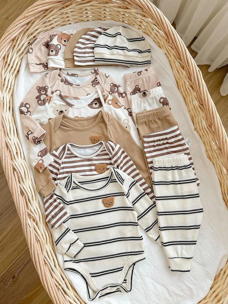15pcs Newborn Baby Cute Casual Versatile Knitted Striped Cartoon Pattern Long Sleeve Romper & Pants Pajama Set Fall Winter | SHEIN