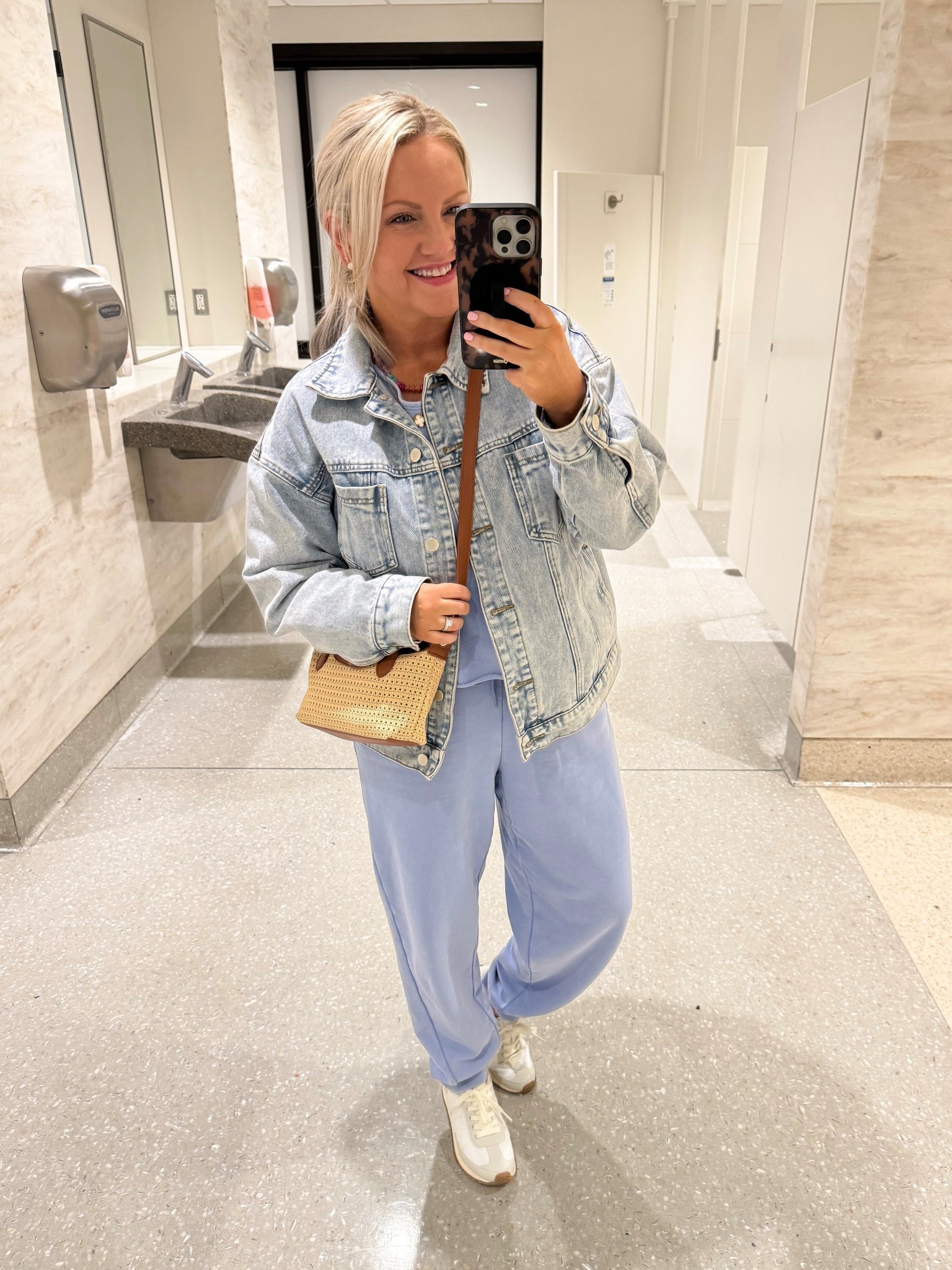 Travel outfit ✈️ loving the color of this comfy set from Target! I’m in size small. Medium in the denim jacket. 

#LTKFindsUnder50 #LTKootd #LTKTravel