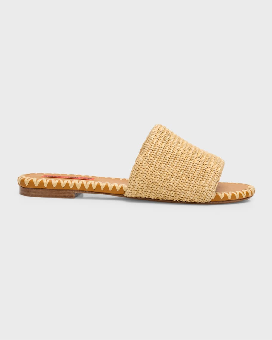 Salerno Raffia Flat Slide Sandals | Neiman Marcus