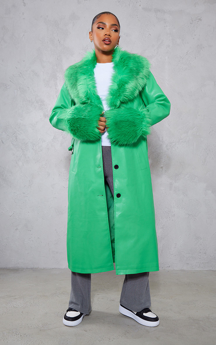 Bright Green Faux Fur Collar And Trim Faux Leather Belted Trench | PrettyLittleThing CAN