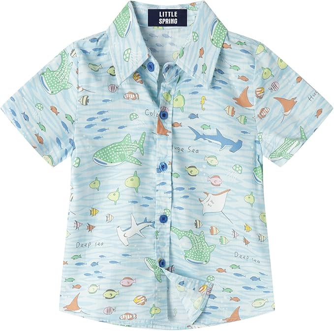 LittleSpring Boys Hawaiian Button Down Shirts Short Sleeve Cartoon Summer Casual Shirt | Amazon (US)