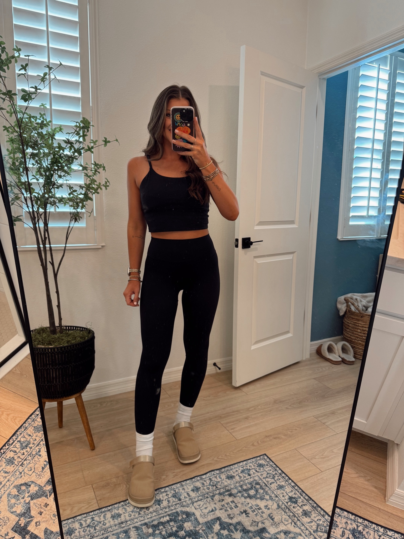 M bra ( my true sports bra size ) 
Size small leggings, true to size and I did the shortest inseam. I’m just shy of 5’4 for reference.
Size down half size in the shoes. They are so comfy, but they do run big in my opinion. 
