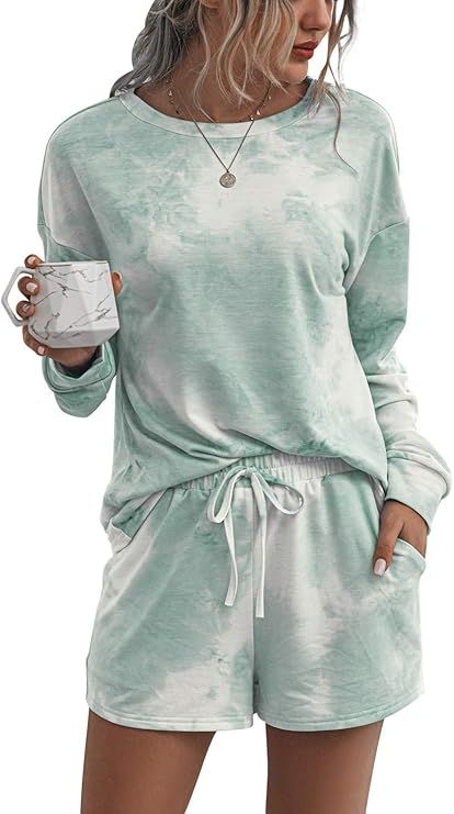 Margrine Women’s Tie Dye Printed Pajamas Set Long Sleeve Tops with Shorts Long Lounge Set Casua... | Amazon (US)