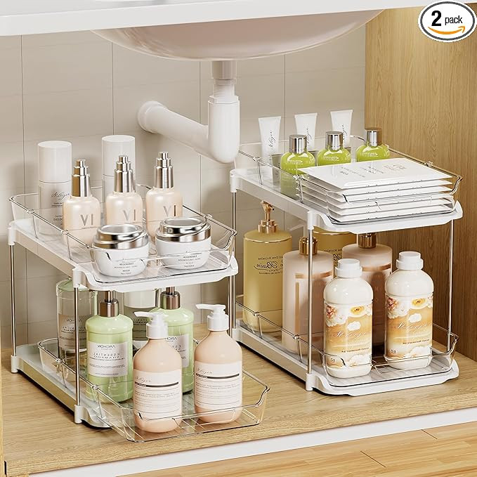 LAMU 2 Pack Bathroom organizers and storage, 2-Tier Stackable Under Sink Storage with Pull-Out Dr... | Amazon (US)