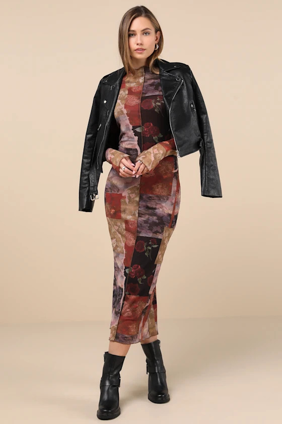 Aesthetic Adoration Multi Floral Mesh Long Sleeve Midi Dress | Lulus